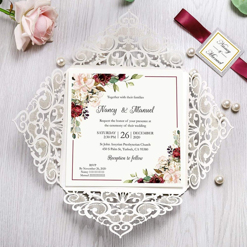DreamBuilt 6.3 X 6.3 Inch 50PCS Blank Silver Glitter Laser Cut Wedding Invitations With Envelopes Hollow Rose Pocket With Burgundy Ribbon Belly Band Wedding Invitation Cards For Wedding Invite - Image 5